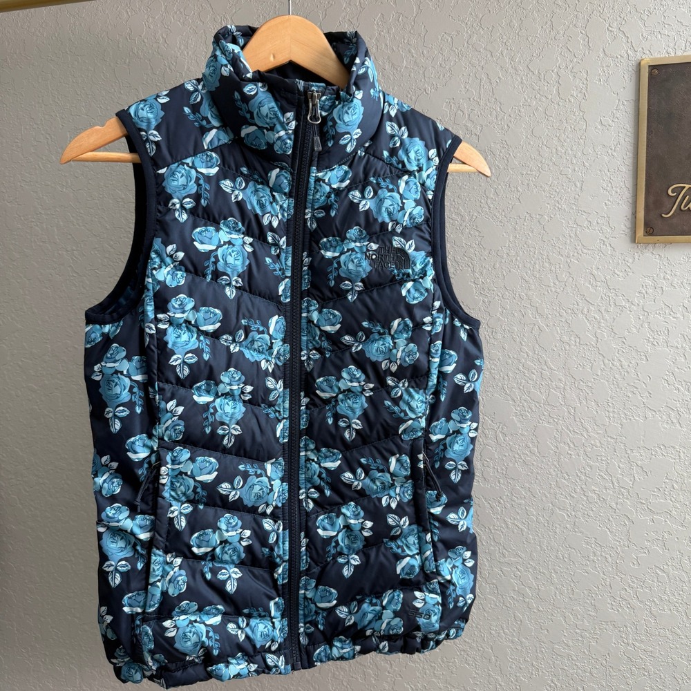 The North Face Womens Floral Down Vest Puffer Padded‎ Navy Blue XS